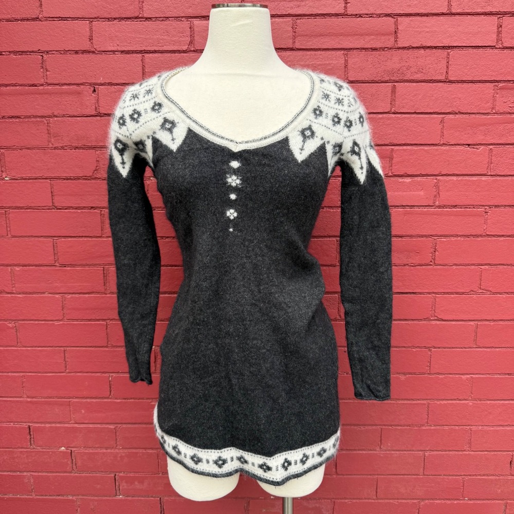 Moda International Womens Small Angora Lambswool Fair Isle Sweater Charcoal Gray